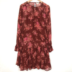 SUNDANCE Drop Waist Dress Sz S Burgundy Floral Sheer‎ over Cami & Lining Knee
